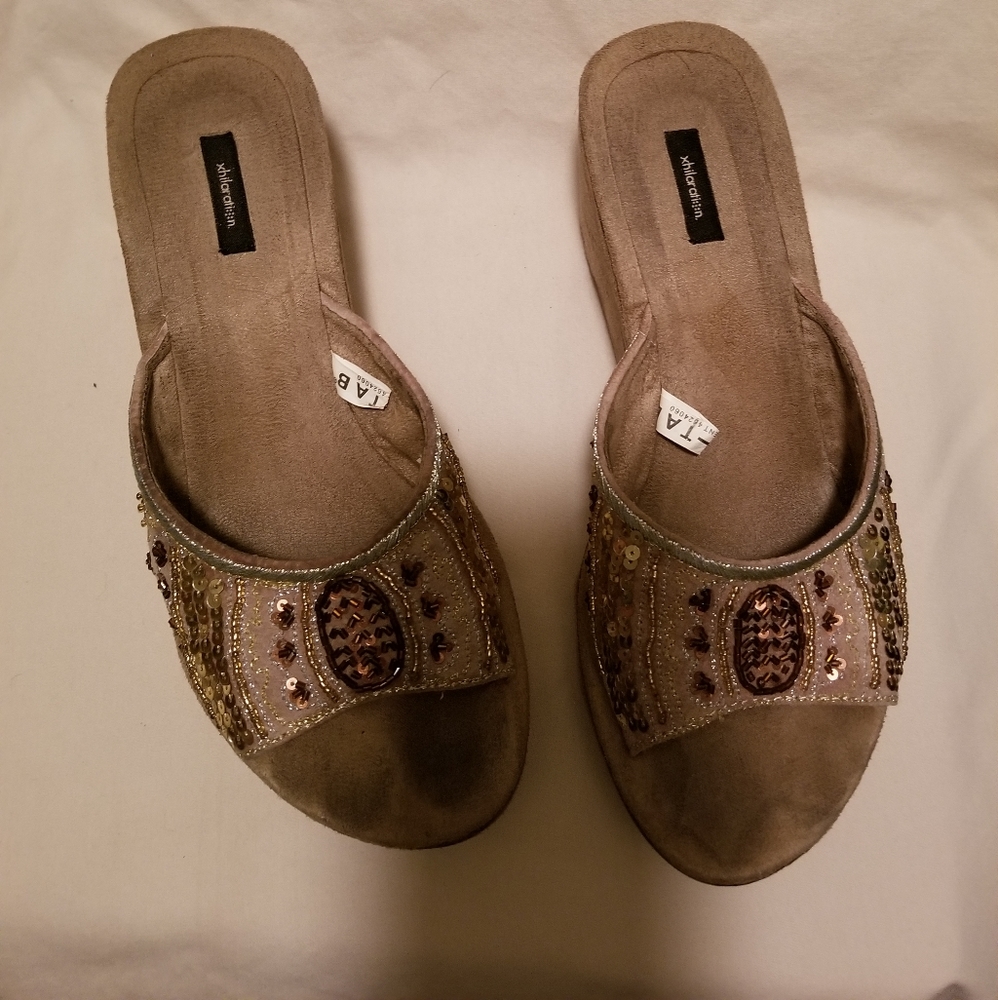 Beaded peeptoe wedge sandal
